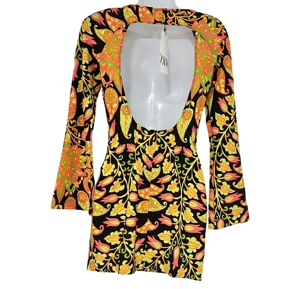ZARA Mini Bodycon Floral Paisley Dress Bell Sleeve Cutout Multicolor - Picture 6 of 9